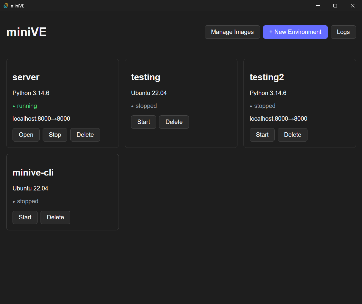 miniVE home screen showing environment cards for server, testing, and minive-cli, each with runtime, status, and start/stop/delete buttons.