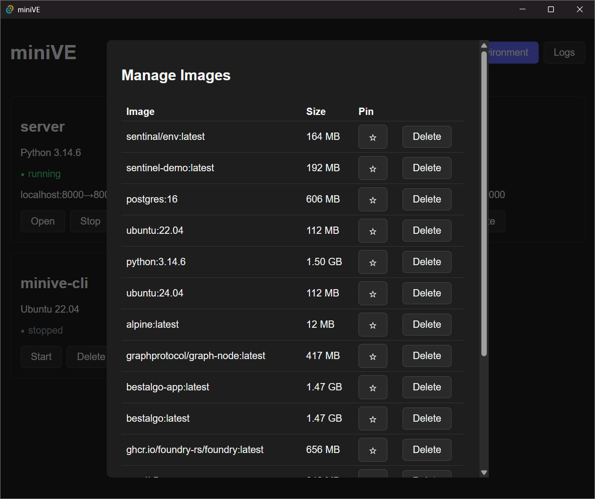 miniVE Manage Images panel listing cached Docker images with their sizes, a pin control, and a delete button for each.