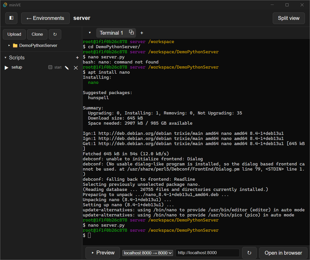 miniVE workspace: an interactive terminal on the right running a Python server, with a built-in port-preview pane below it and a scripts panel on the left.
